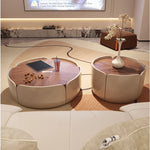 Modern Round Coffee Table with Walnut Top and Stylish Beige Base – Perfect for Living Room Décor fme-3127