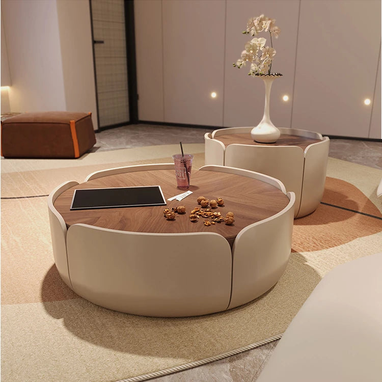 Modern Round Coffee Table with Walnut Top and Stylish Beige Base – Perfect for Living Room Décor fme-3127