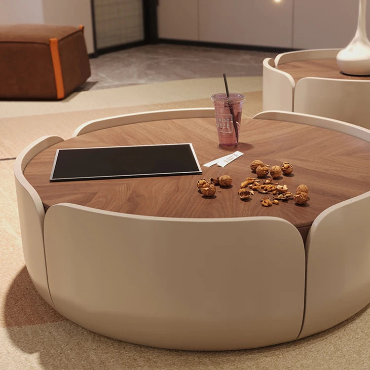 Modern Round Coffee Table with Walnut Top and Stylish Beige Base – Perfect for Living Room Décor fme-3127