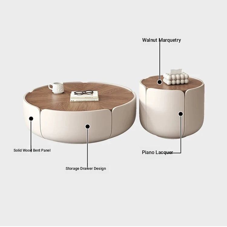 Modern Round Coffee Table with Walnut Top and Stylish Beige Base – Perfect for Living Room Décor fme-3127