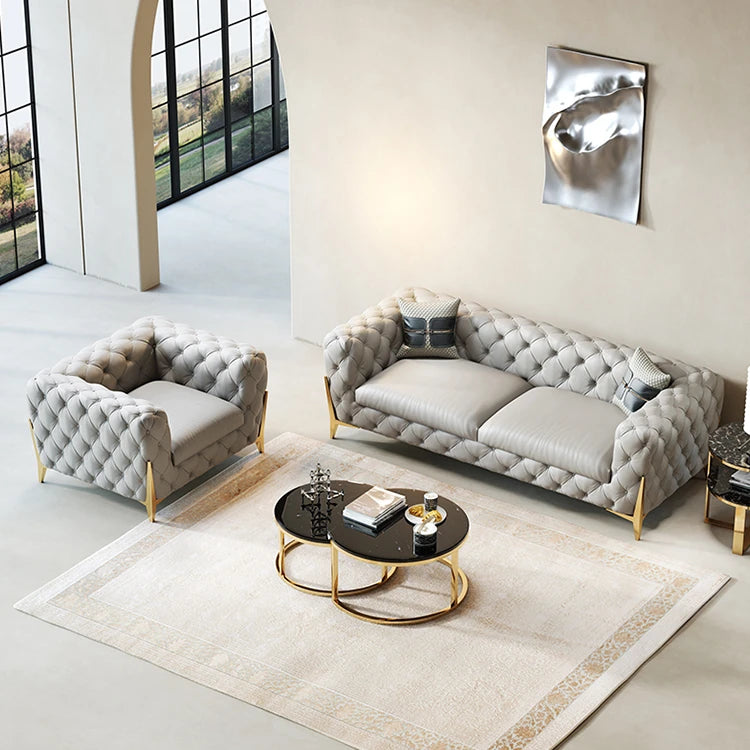 Elegant Solid Wood & Stainless Steel Sofa with PU Leather Upholstery – Chic Modern Design for Stylish Living Rooms fmfd-5051