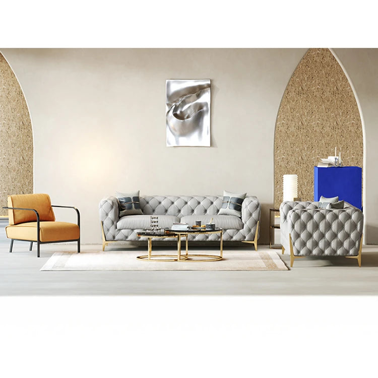 Elegant Solid Wood & Stainless Steel Sofa with PU Leather Upholstery – Chic Modern Design for Stylish Living Rooms fmfd-5051
