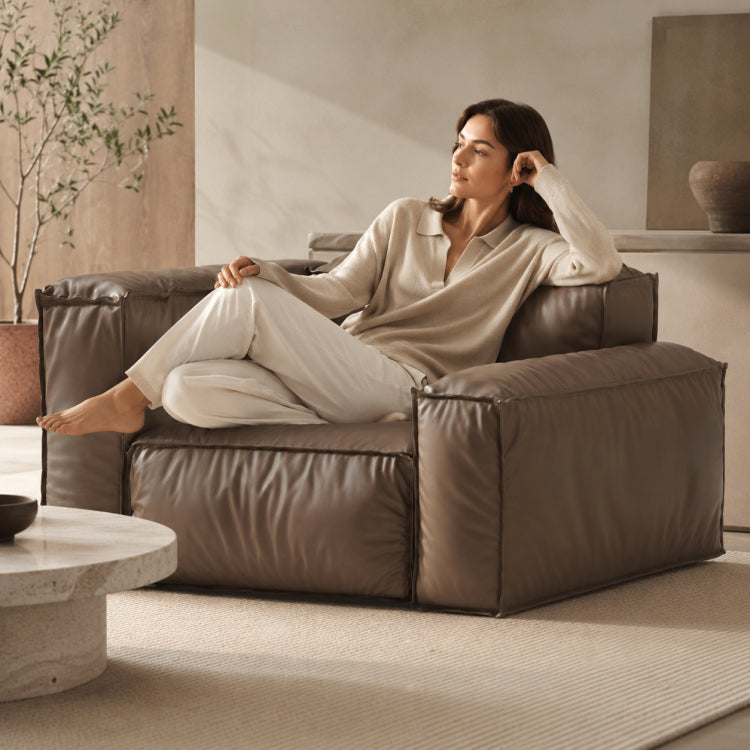 Modern Italian Minimalist Leather Sofa, Block-Style 2/3-Seater Straight Couch for Living Room fmfd-5056