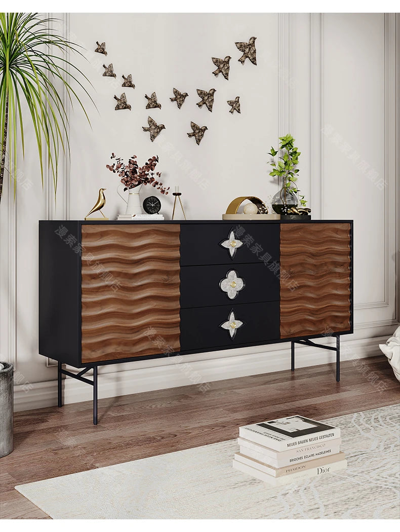Modern Solid Wood Cabinet with Artistic Stainless Accents - Unique Multi-Layer Design fmsjj-4214