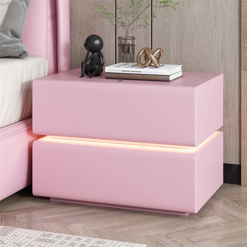 Stylish Pine Nightstand with PU Leather Finish - Modern Two-Drawer Storage Solution for Bedroom Decor fmxjs-5342