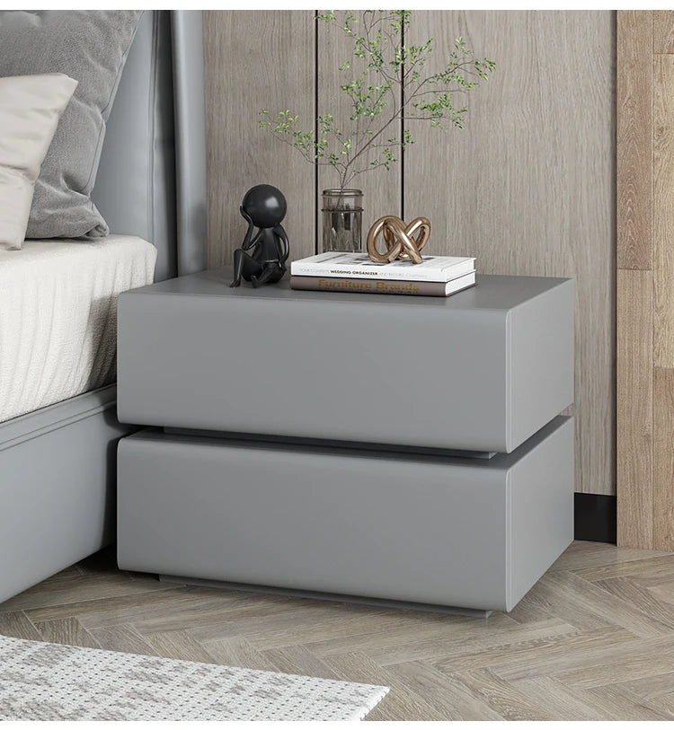 Stylish Pine Nightstand with PU Leather Finish - Modern Two-Drawer Storage Solution for Bedroom Decor fmxjs-5342