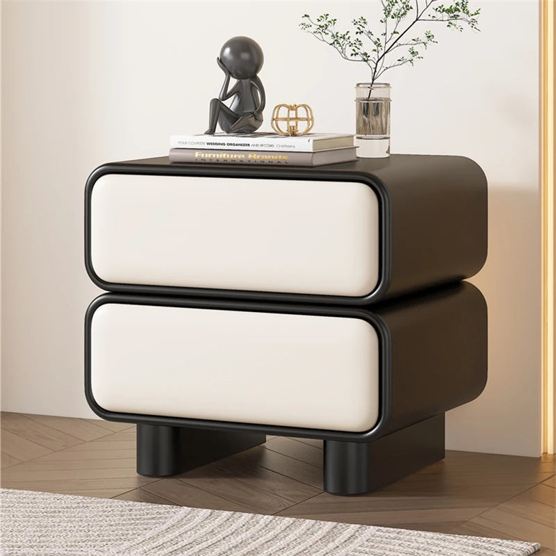 Modern Black Pine Nightstand with PU Leather Finish - Stylish Storage for Bedroom fmxjs-5343