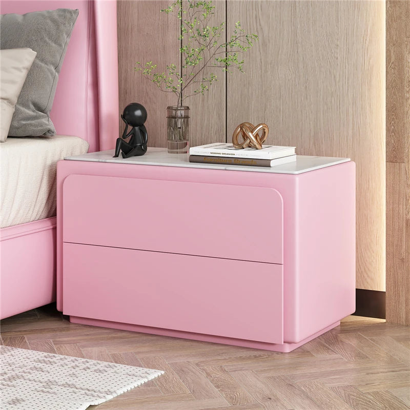 Modern Pine Nightstand with Sintered Stone Top and PU Leather Finish - Stylish Storage Solution for Your Bedroom fmxjs-5344