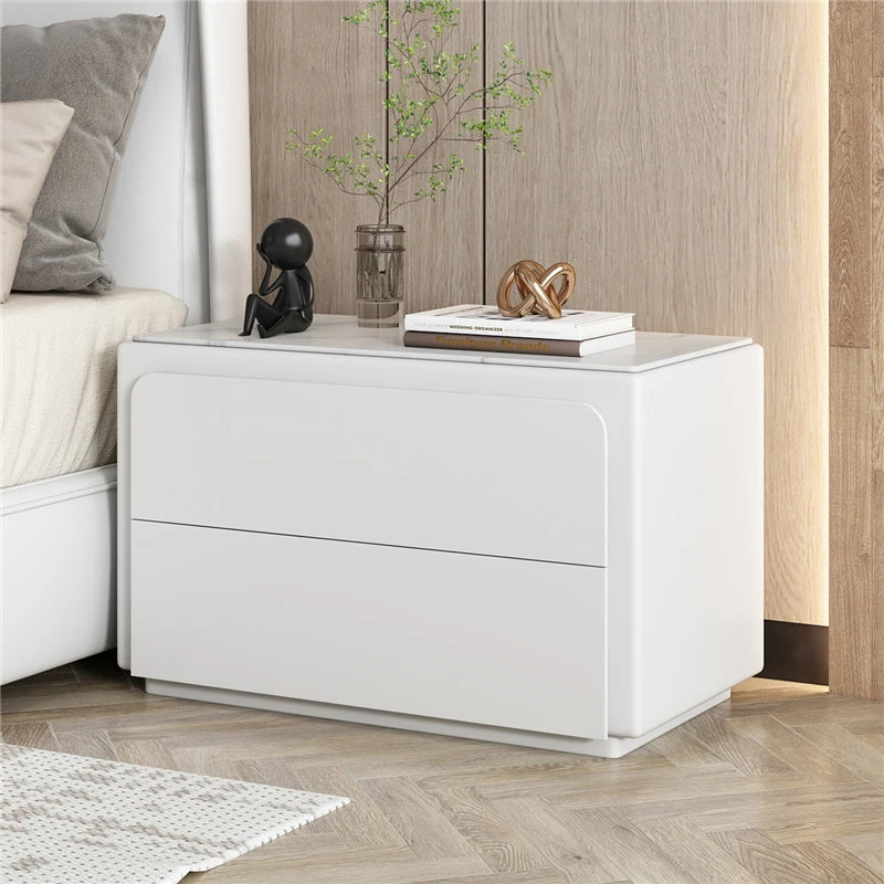 Modern Pine Nightstand with Sintered Stone Top and PU Leather Finish - Stylish Storage Solution for Your Bedroom fmxjs-5344