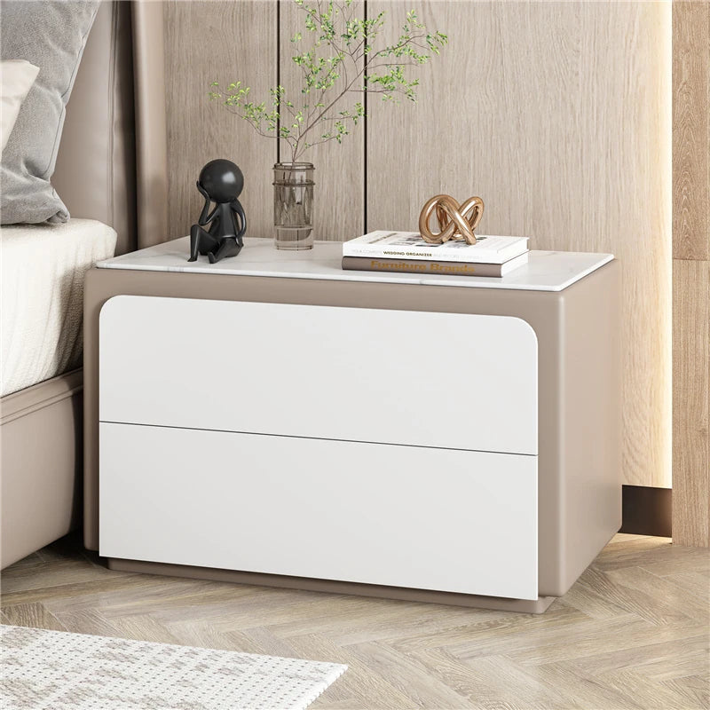 Modern Pine Nightstand with Sintered Stone Top and PU Leather Finish - Stylish Storage Solution for Your Bedroom fmxjs-5344