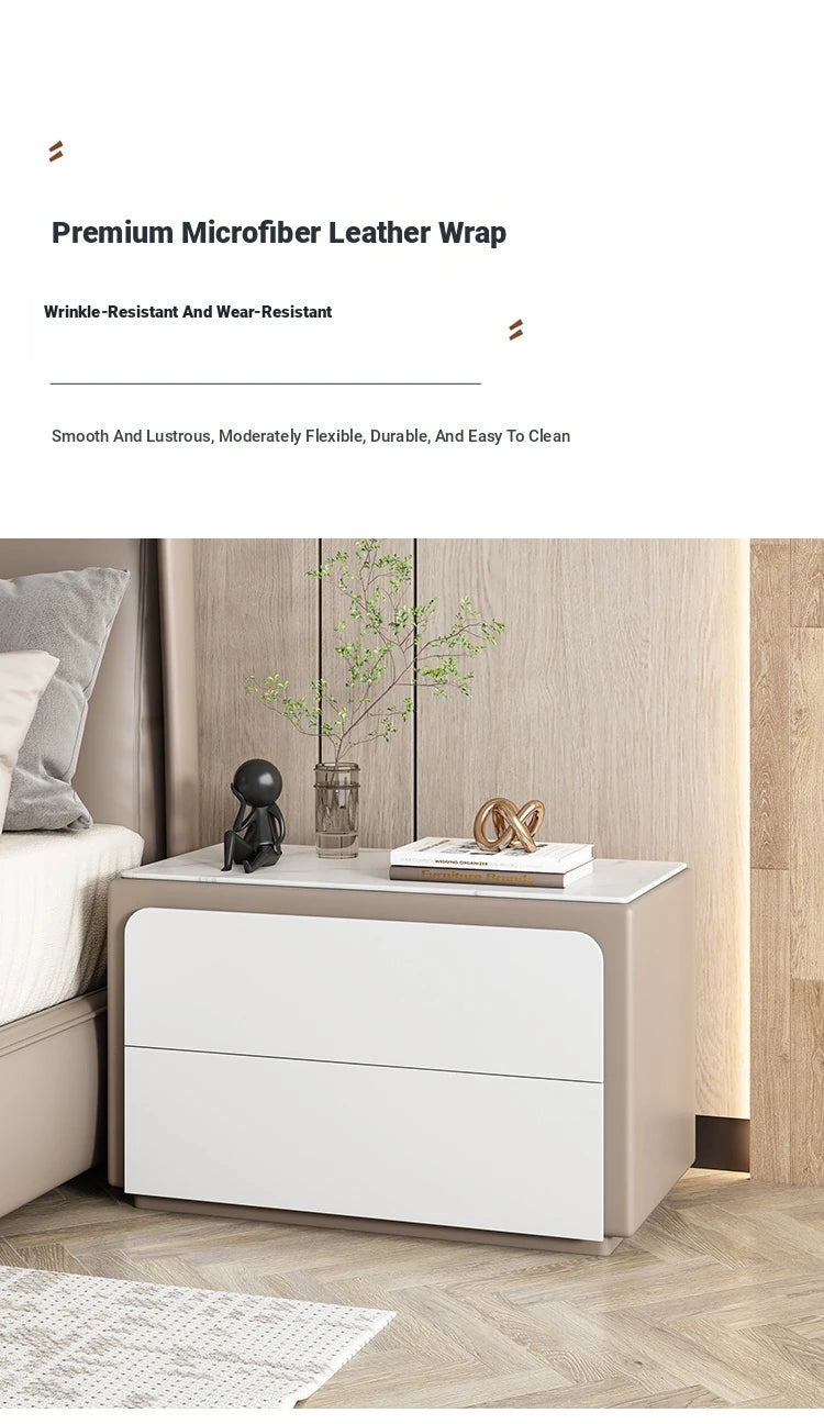 Modern Pine Nightstand with Sintered Stone Top and PU Leather Finish - Stylish Storage Solution for Your Bedroom fmxjs-5344