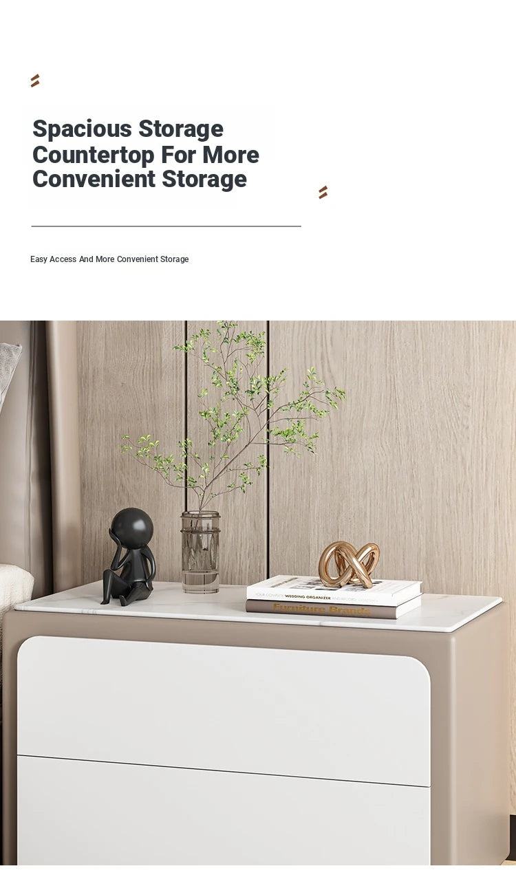 Modern Pine Nightstand with Sintered Stone Top and PU Leather Finish - Stylish Storage Solution for Your Bedroom fmxjs-5344