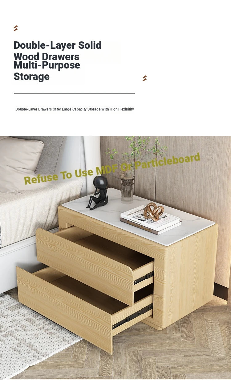 Modern Pine Nightstand with Sintered Stone Top and PU Leather Finish - Stylish Storage Solution for Your Bedroom fmxjs-5344