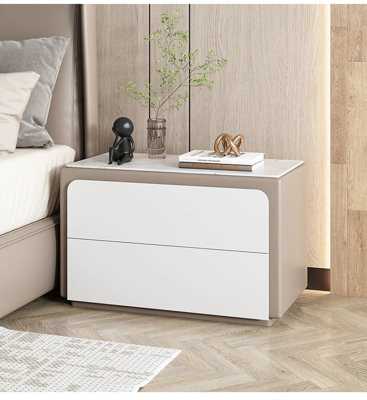 Modern Pine Nightstand with Sintered Stone Top and PU Leather Finish - Stylish Storage Solution for Your Bedroom fmxjs-5344