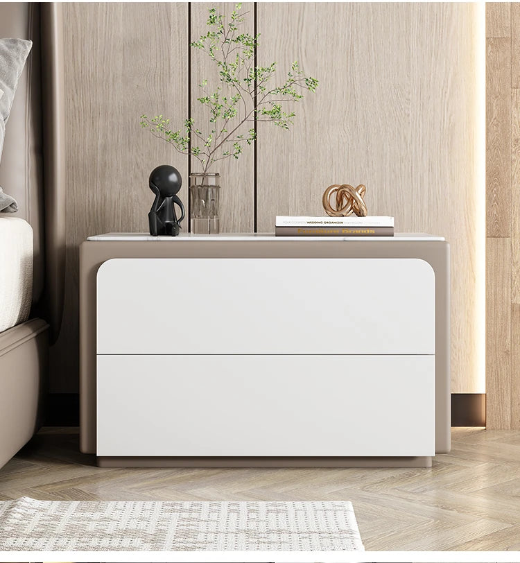 Modern Pine Nightstand with Sintered Stone Top and PU Leather Finish - Stylish Storage Solution for Your Bedroom fmxjs-5344