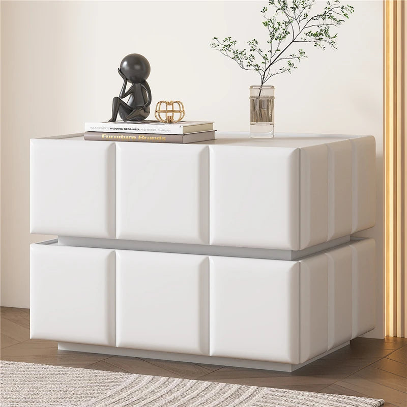 Chic Pine Nightstand with PU Leather Finish and Soft LED Accent Lighting fmxjs-5345