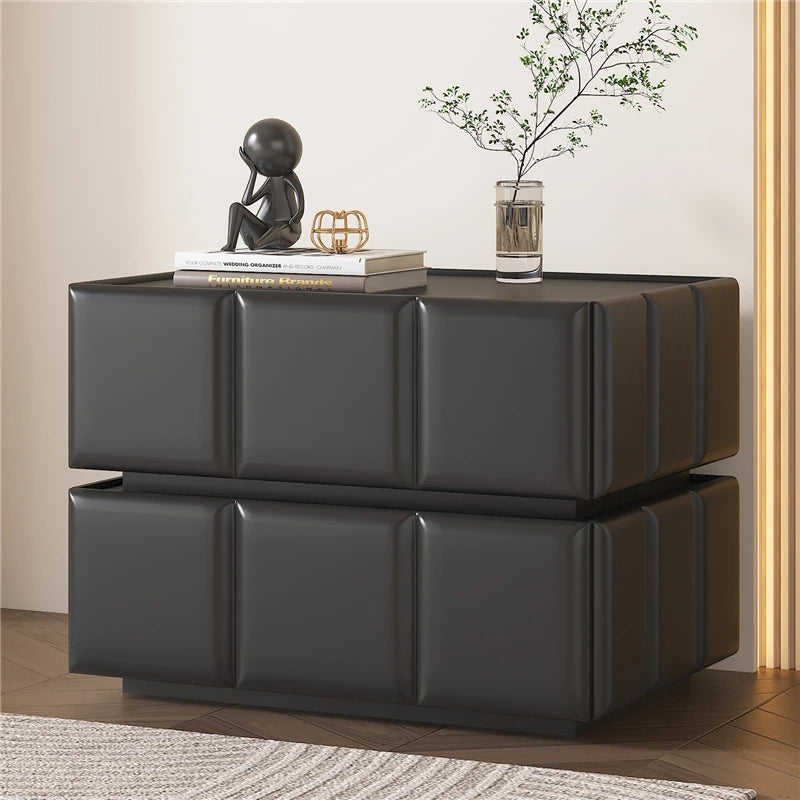 Chic Pine Nightstand with PU Leather Finish and Soft LED Accent Lighting fmxjs-5345