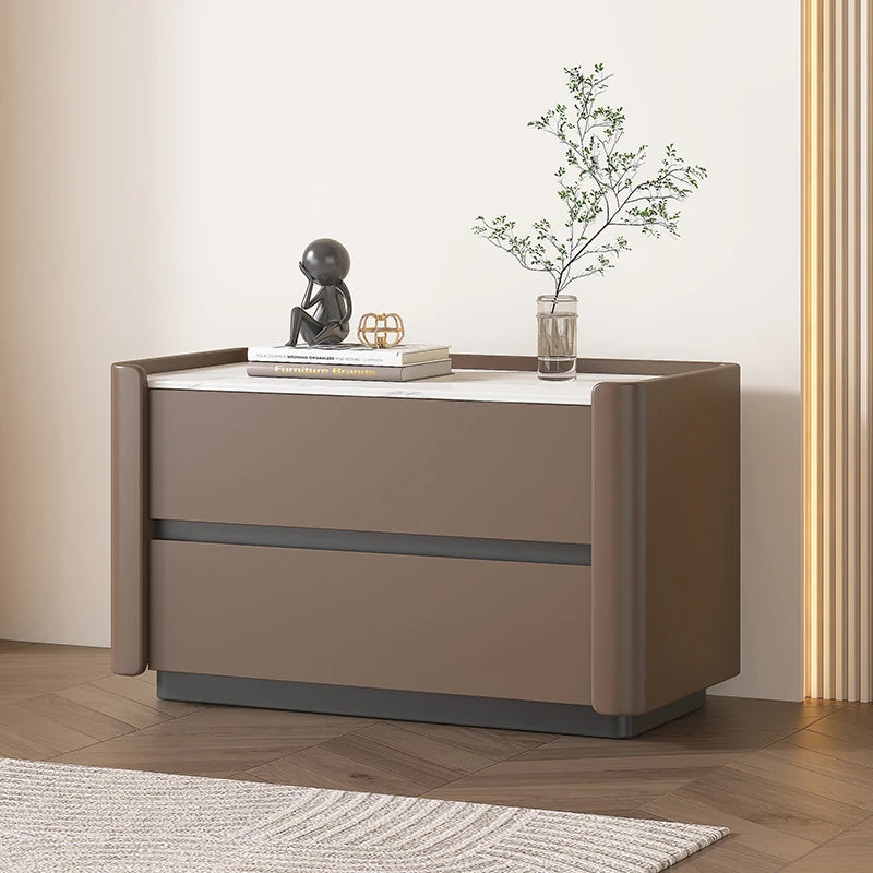 Modern Pine Nightstand with Sintered Stone Top and PU Leather Drawer - Stylish Storage Solution for Your Bedroom fmxjs-5346