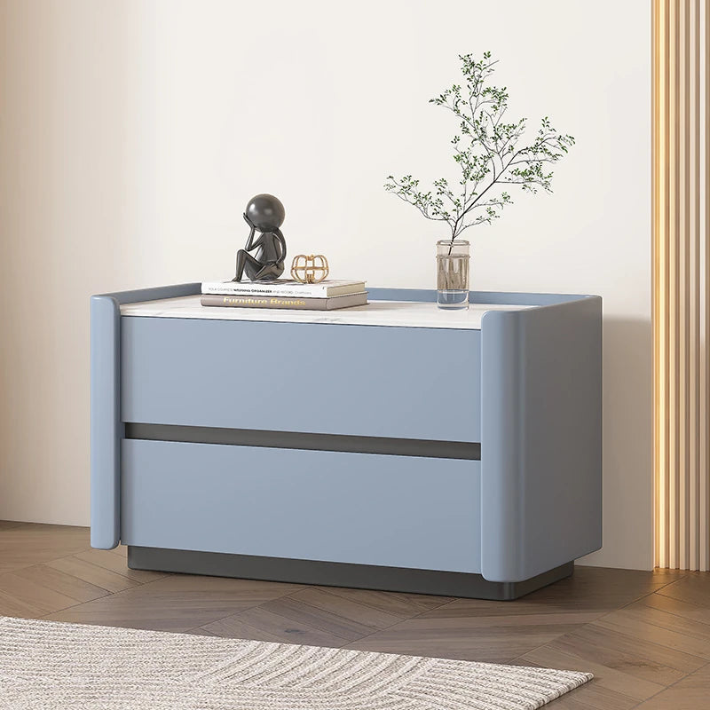 Modern Pine Nightstand with Sintered Stone Top and PU Leather Drawer - Stylish Storage Solution for Your Bedroom fmxjs-5346