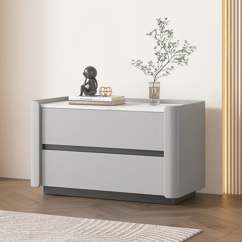 Modern Pine Nightstand with Sintered Stone Top and PU Leather Drawer - Stylish Storage Solution for Your Bedroom fmxjs-5346