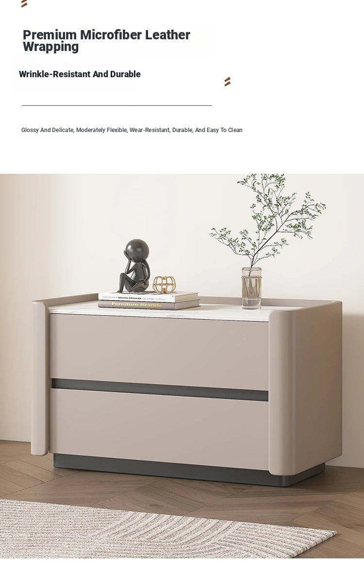 Modern Pine Nightstand with Sintered Stone Top and PU Leather Drawer - Stylish Storage Solution for Your Bedroom fmxjs-5346