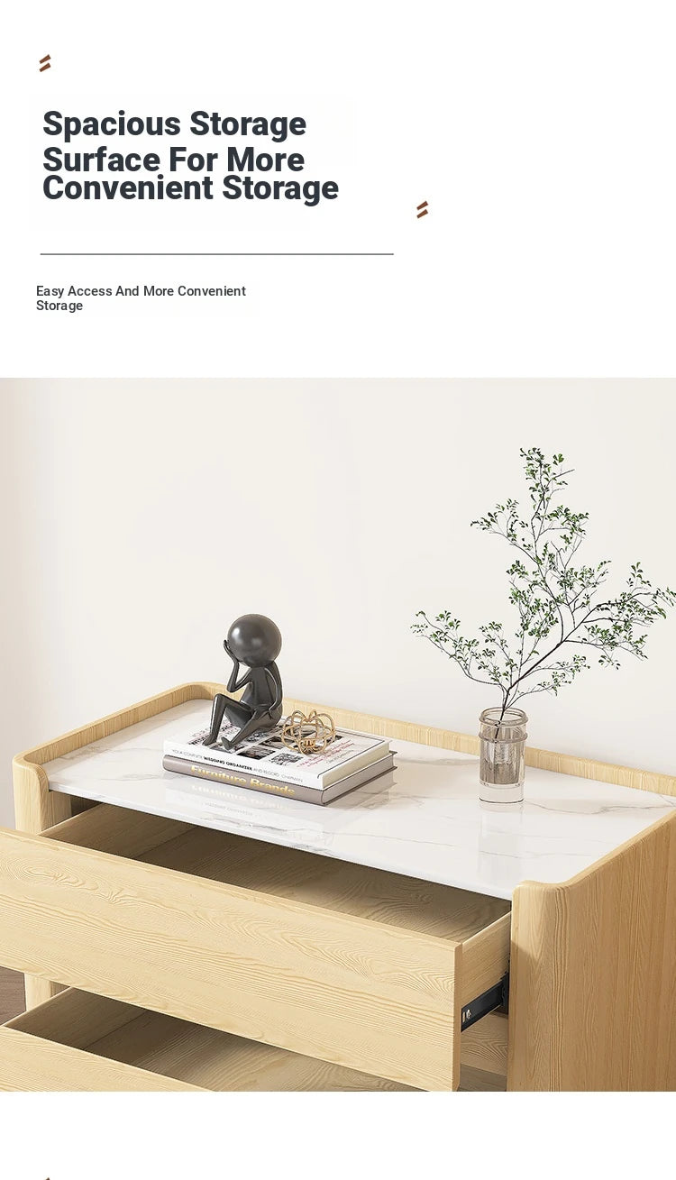 Modern Pine Nightstand with Sintered Stone Top and PU Leather Drawer - Stylish Storage Solution for Your Bedroom fmxjs-5346