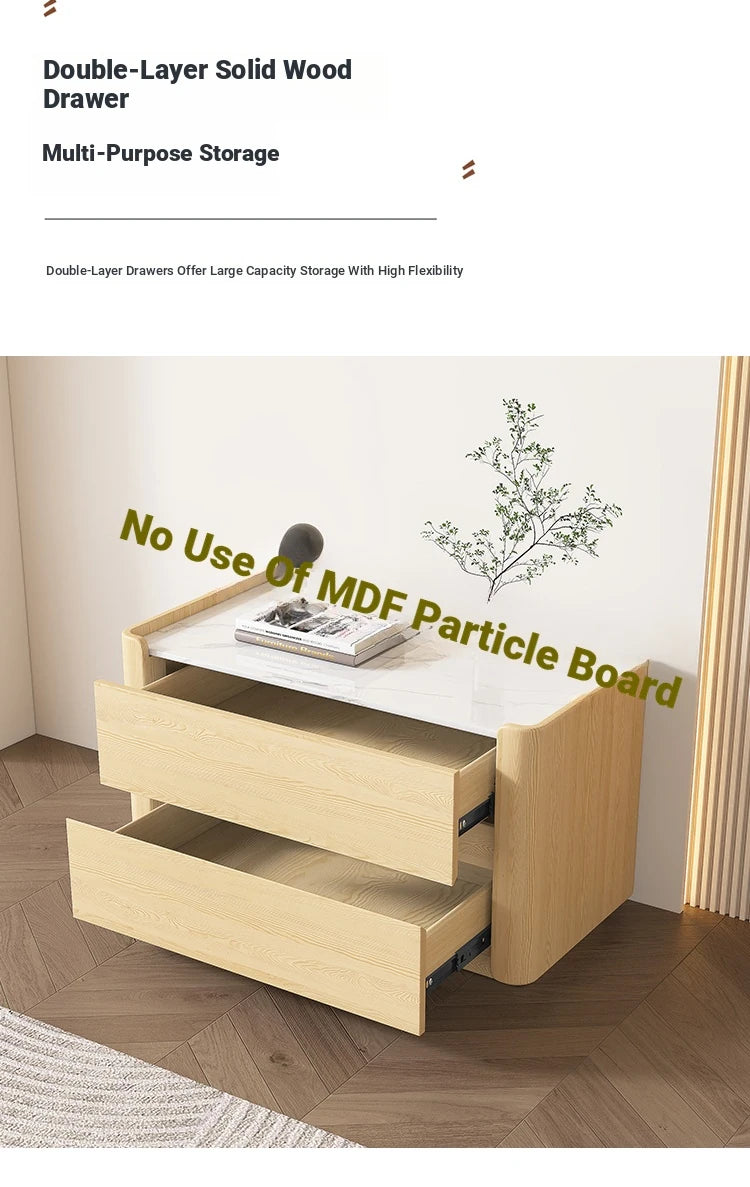 Modern Pine Nightstand with Sintered Stone Top and PU Leather Drawer - Stylish Storage Solution for Your Bedroom fmxjs-5346