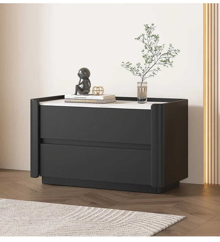 Modern Pine Nightstand with Sintered Stone Top and PU Leather Drawer - Stylish Storage Solution for Your Bedroom fmxjs-5346