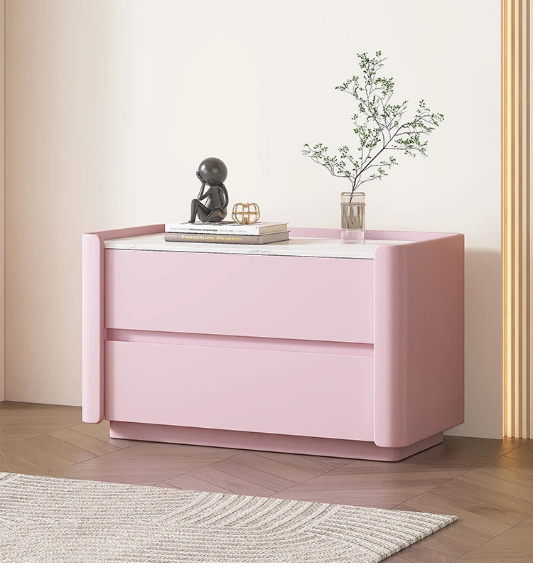 Modern Pine Nightstand with Sintered Stone Top and PU Leather Drawer - Stylish Storage Solution for Your Bedroom fmxjs-5346