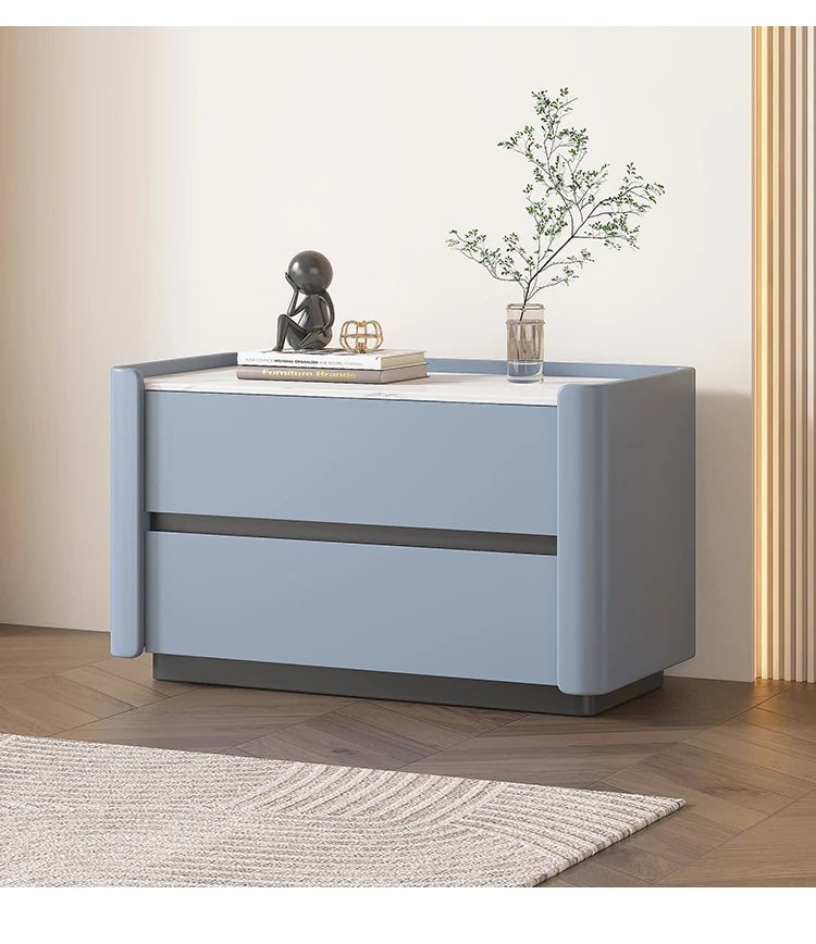 Modern Pine Nightstand with Sintered Stone Top and PU Leather Drawer - Stylish Storage Solution for Your Bedroom fmxjs-5346