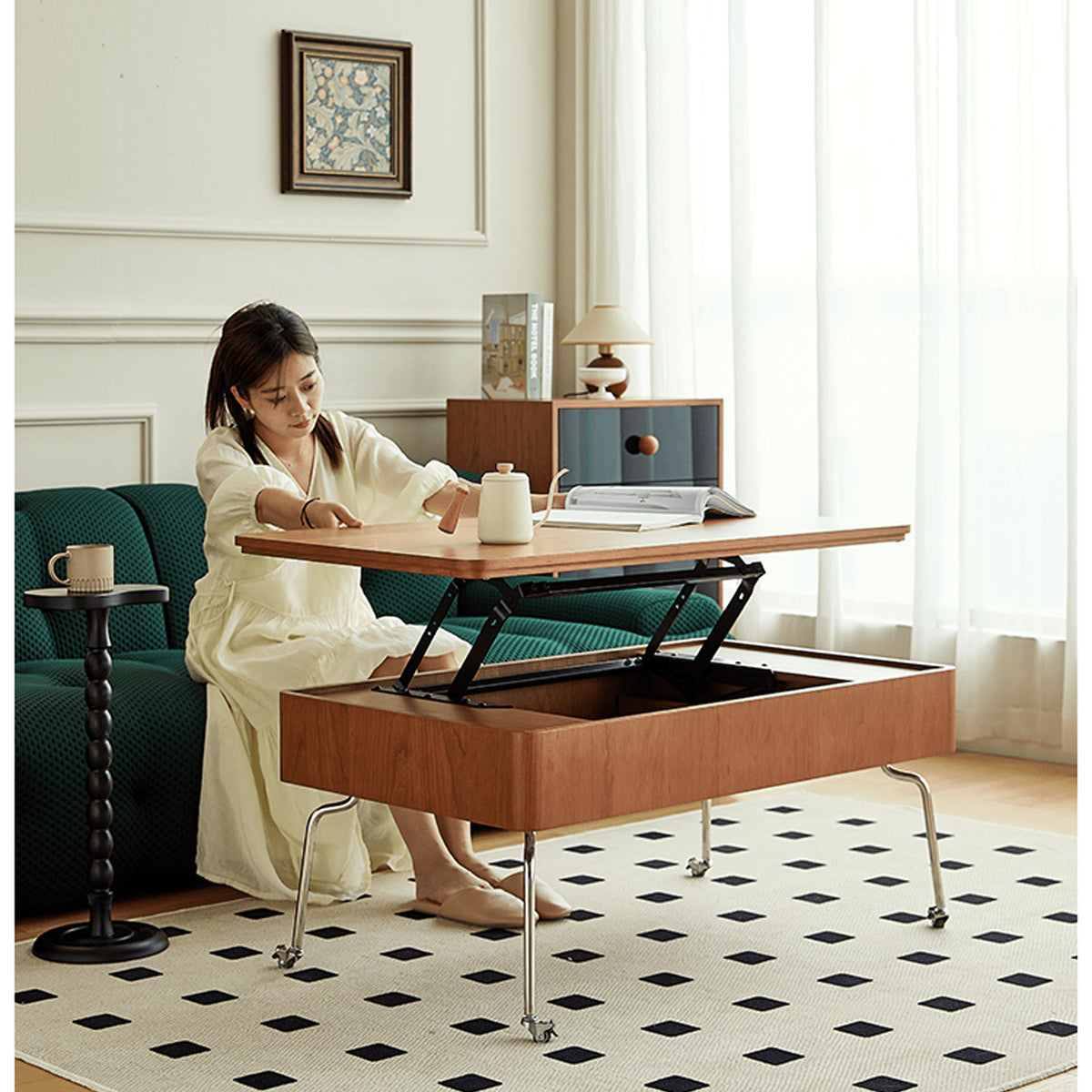 Elegant Light Brown Cherry Wood Tea Table with Metal Accents and Durable Nylon Legs fmy-686