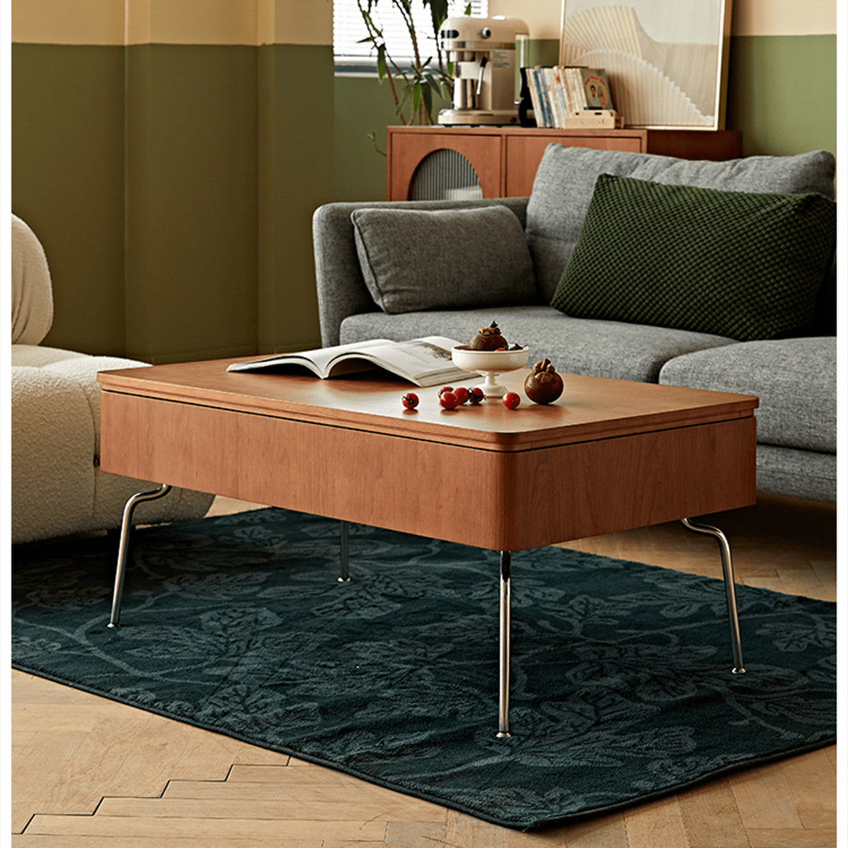 Elegant Light Brown Cherry Wood Tea Table with Metal Accents and Durable Nylon Legs fmy-686