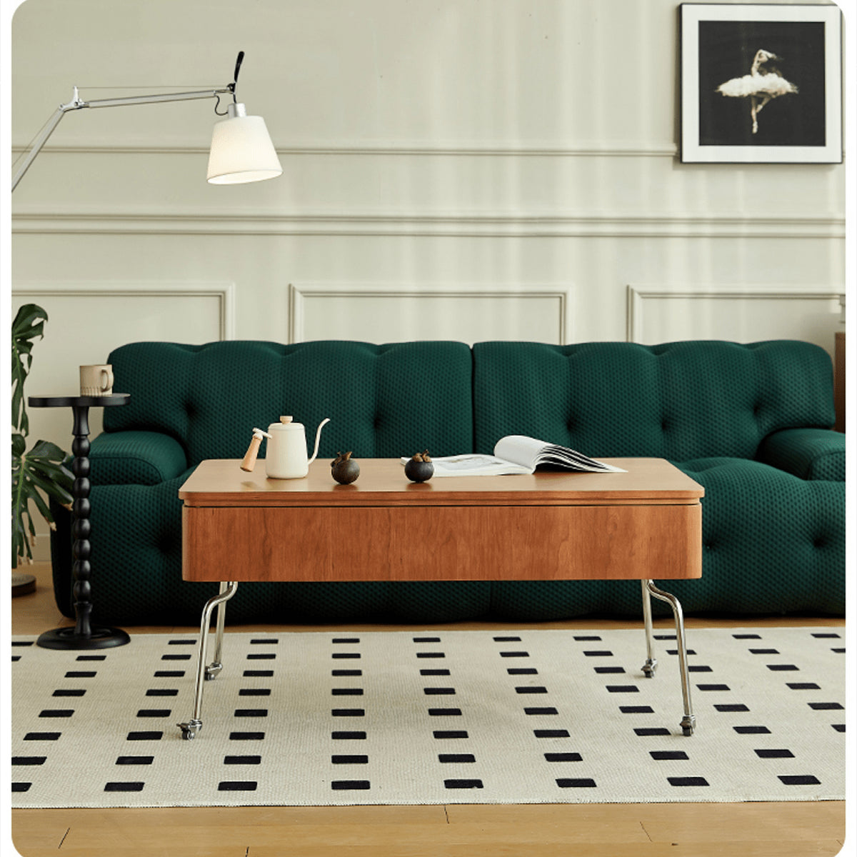 Elegant Light Brown Cherry Wood Tea Table with Metal Accents and Durable Nylon Legs fmy-686