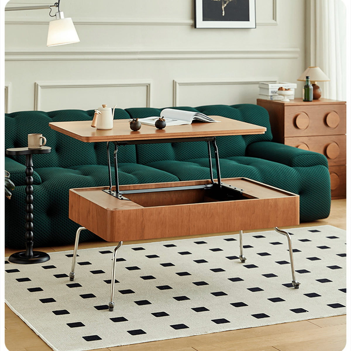 Elegant Light Brown Cherry Wood Tea Table with Metal Accents and Durable Nylon Legs fmy-686