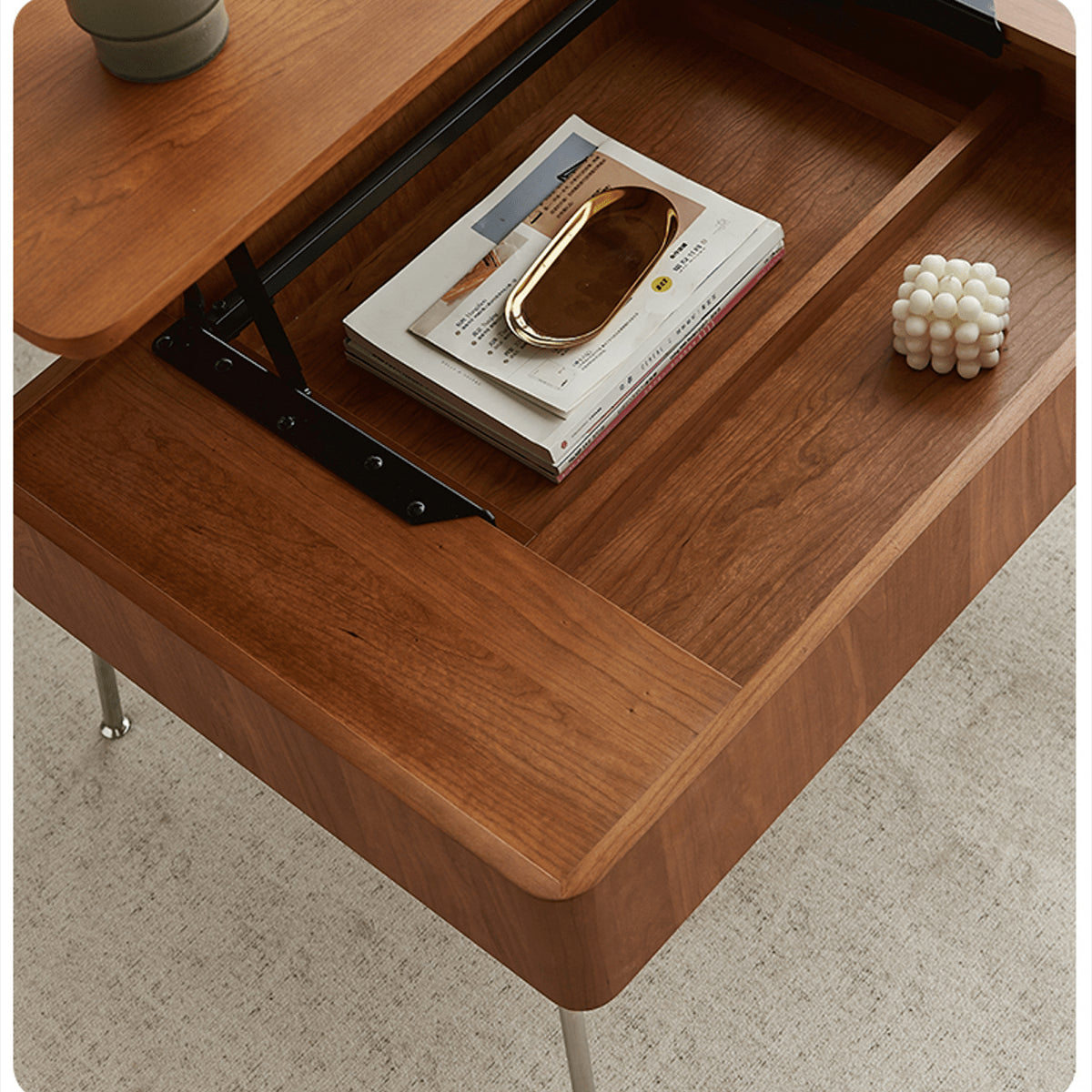 Elegant Light Brown Cherry Wood Tea Table with Metal Accents and Durable Nylon Legs fmy-686