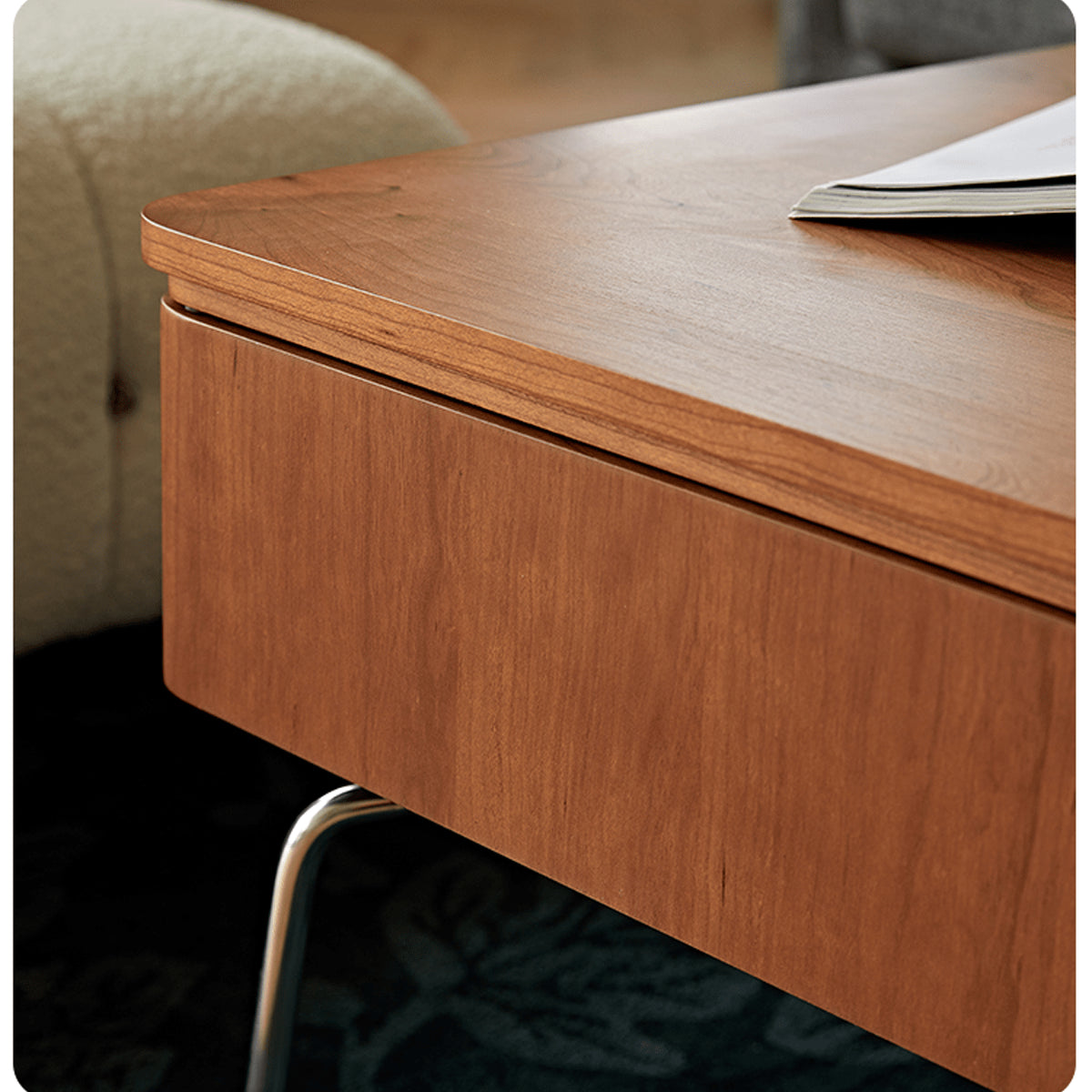 Elegant Light Brown Cherry Wood Tea Table with Metal Accents and Durable Nylon Legs fmy-686