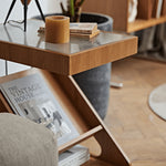 Elegant Light Brown Black Cherry Wood Tea Table with Plywood & Glass Top fmy-688