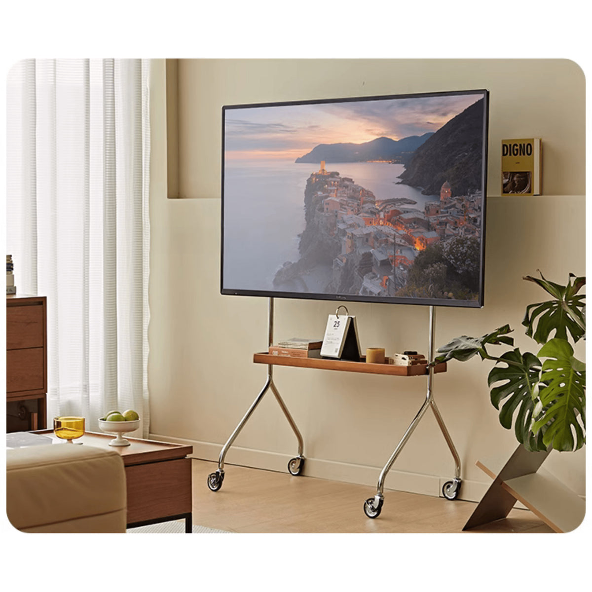 Stylish Multi-Material Tea Table: Light Brown Black Cherry Wood, Plywood, Stainless Steel, Nylon fmy-692