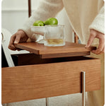 Stylish Multi-Material Tea Table: Light Brown Black Cherry Wood, Plywood, Stainless Steel, Nylon fmy-692
