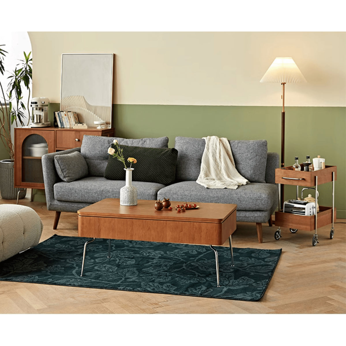 Stylish Multi-Material Tea Table: Light Brown Black Cherry Wood, Plywood, Stainless Steel, Nylon fmy-692