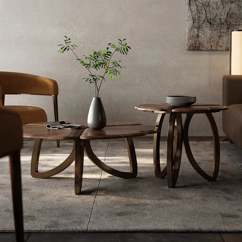Elegant Black Walnut Wood Tea Table Set with Stainless Steel Accents - Modern Design for Stylish Living Rooms fplk-5026