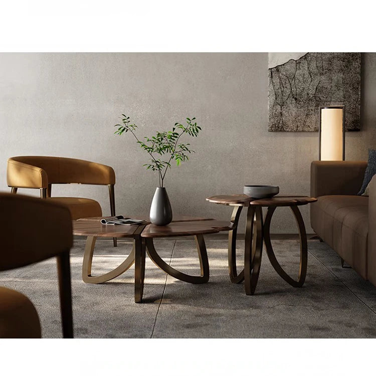 Elegant Black Walnut Wood Tea Table Set with Stainless Steel Accents - Modern Design for Stylish Living Rooms fplk-5026