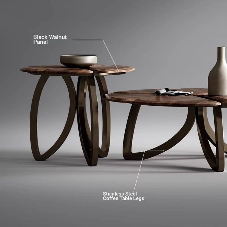 Elegant Black Walnut Wood Tea Table Set with Stainless Steel Accents - Modern Design for Stylish Living Rooms fplk-5026