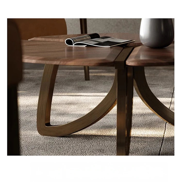 Elegant Black Walnut Wood Tea Table Set with Stainless Steel Accents - Modern Design for Stylish Living Rooms fplk-5026