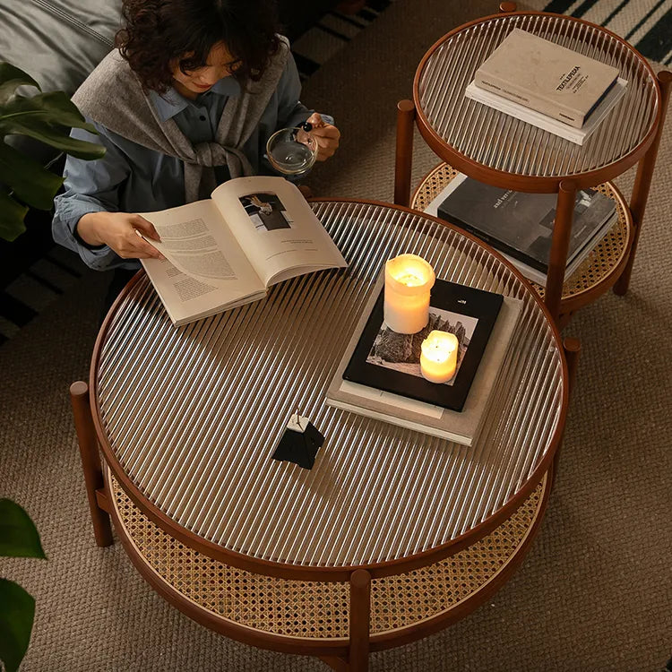 Cherry Wood & Rattan Coffee Table with Tempered Glass Top - Elegant Living Room Accent fpmxm-2780