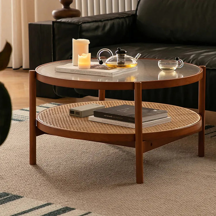 Cherry Wood & Rattan Coffee Table with Tempered Glass Top - Elegant Living Room Accent fpmxm-2780