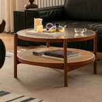 Cherry Wood & Rattan Coffee Table with Tempered Glass Top - Elegant Living Room Accent fpmxm-2780