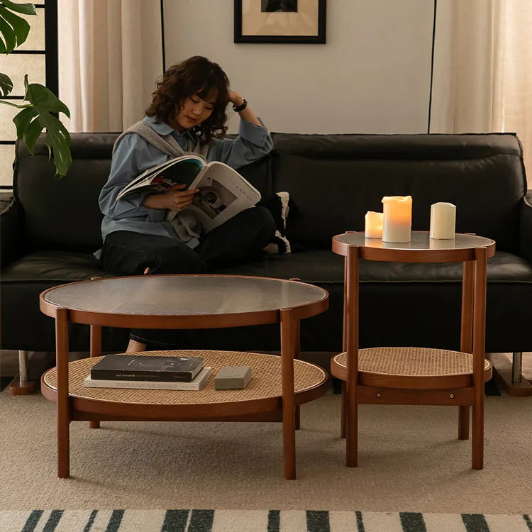 Cherry Wood & Rattan Coffee Table with Tempered Glass Top - Elegant Living Room Accent fpmxm-2780