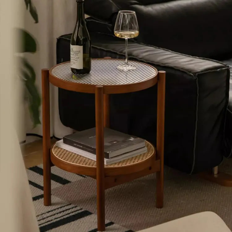 Cherry Wood & Rattan Coffee Table with Tempered Glass Top - Elegant Living Room Accent fpmxm-2780