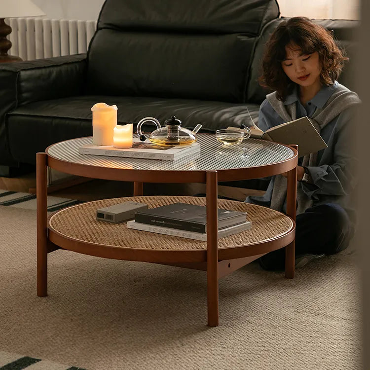 Cherry Wood & Rattan Coffee Table with Tempered Glass Top - Elegant Living Room Accent fpmxm-2780